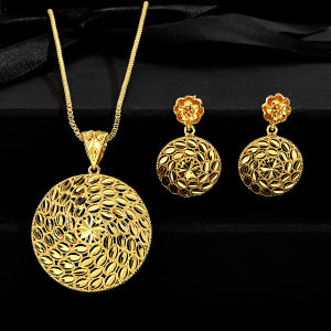 SEQUITO Temperament Bridesmaid Yellow Gold Plated Jewelry Set Floral Drop Earrings Big Round Pendant Necklace Banquet Clothing Accessories SJ424