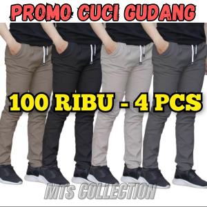 Paket Hemat 4 Pcs Celana Chino Pria Slim Fit Pinggang Elastis Warna Solid - Hitam/Abu/Abu Muda/Mocca