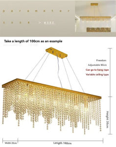 Luxury rectangular crystal chandelier modern LED tassel linear raindrop ceiling fixture suitable