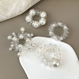 LUCKFRE อีลาสติก เชือกมัดผมสายโทรศัพท์ สไตล์เกาหลีแบบ ทีพียู แหวนผมโปร่งใส หวานหวานแหววว ที่มัดผม มุกผู้ถือผมหางม้า หญิง/เด็ก