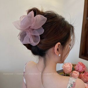 Gypsophila Ribbon Gauze Bow Hair Clamp Grab Clip Female Back Head Half-Tie Hair Clip Shark Clip