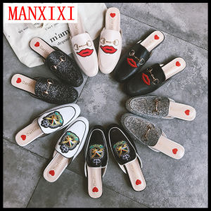 MANXIXI Brand Korean Version Slippers Fashion Mules Shoes Young Style Beautiful Embroidery Flat Sandals For Women (35-40 Size)