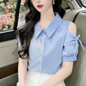 Áo Sơ Mi Kẻ Sọc Hở Vai Vải Lụa Mềm Mịn Phong Cách Trẻ Trung Nữ Tính M17