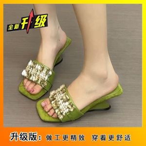 [Free Shipping] Trendy And Stylish Rhinestone-Embellished One-Strap Wedge Sandals Perfect For Pairing With Dresses Height-Enhancing Sandals For Women 2026 New Spring/Summer Collection Designed For Outdoor Wear