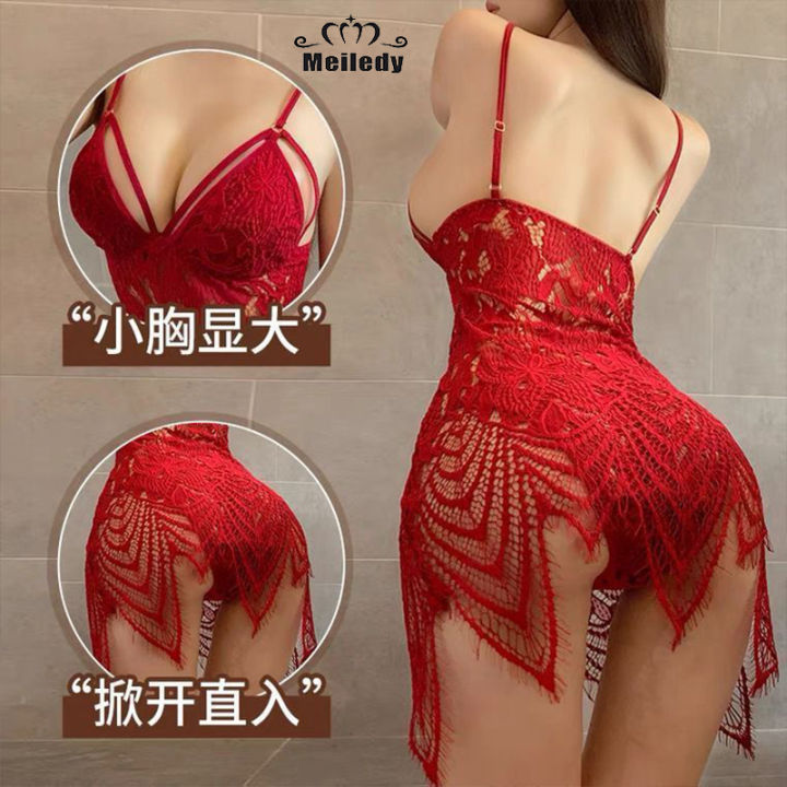 Meiledy Women Clothing For Summer New Plus Size（40-60)KG Pajamas Hollowed  Out Nightgown Emotionally Seductive Passionate Flirting Sling Bed Couples  Tease Small Breasts Show Large Super Slutty Sexy Lingerie