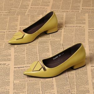 [Free Shipping] Chunky Heel Commuter Flats 2026 Spring And Autumn New High Heels WomenS Shallow Versatile Leather Shoes Pointed Toe Soft Sole Work Shoes