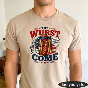 [Local Stock] HBESTY  The Wurst Is Yet To Come Patriotic Hot Dog Cartoon Men Summer Cotton T Shirt BBQ Pun Vintage Text Short Sleeve Daily Top