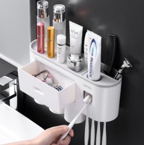 เครื่องบีบยาสีฟันอัตโนมัติ มีที่แขวนแปรงสีฟัน เก็บแปรงสีฟันติดผนัง และชั้นวางของในห้องน้ำ กล่องเก็บแปรงสีฟัน /home_shop711/