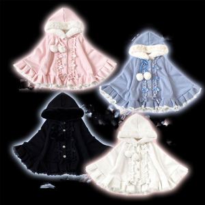 Japanese Viange Outerwear Clothing Warm Bow Ruffles Hooded Ponchos Lolita Style Sweet Kawaii Capes Coat Women Autumn Winter2026
