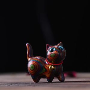 Tượng khắc gỗ hình mèo dễ thương mèo con đầu nghiêng màu cầu vồng vật trang trí để bàn mini đồ thủ công sáng tạo cho gia đình