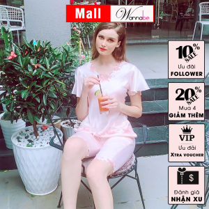 Đồ bộ mặc nhà phi lụa WANNABE BLS08 đồ bộ quần lửng và áo tay chuông điệu đà ren cổ áo nữ tính