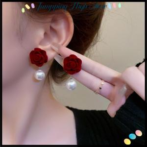 【Jumpping】 Wine Red Rose Flower Earrings Retro Wedding Ear Studs Chinese New Year Jewelry Earring