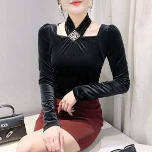 Yimei 2025 Mùa Xuân Châu Âu Thiết Kế Mới Thời Trang cổ treo khoét lỗ Kim Cương Cổ Vuông Top Tay áo dài Nhung Màu Đen T-Shirt