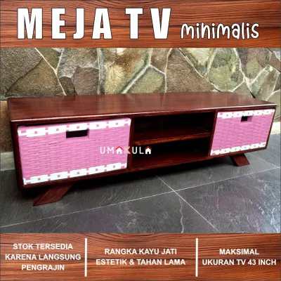 Meja TV 43 Inci Rangka Kayu Jati 2 Laci Rotan Sintetis Bufet Buffet Rak Lemari Ruang Tamu Minimalis