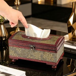 BLACKON Vintage Royal Style Wooden Tissue Box Treasure Chest Design Floral Embossed  Napkin Paper Organizer Elegant Raised Feet Tissue Case Dinning Table