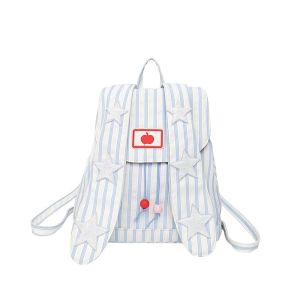 MOIRA หวาน กระเป๋าเป้เกาหลีแบบมีเชือก ผ้าใบ ความจุขนาดใหญ่ กระเป๋านักเรียนหูกระต่าย การเดินทาง ป้องกันการขีดข่วน กระเป๋าเป้ลายดาว สาวๆ