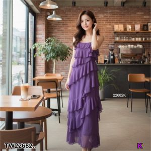 TW22682 เดรสสายเดี่ยวระบายหลายชั้น  เนื้อผ้าชีฟองพลิ้ว ๆ มีซับในทั้งตัว