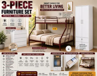 PLZ DREAM HOME Modern 3-piece furniture set with bunk bed dresser and wardrobe. Practical durable stylish. Ideal for compact living spaces.