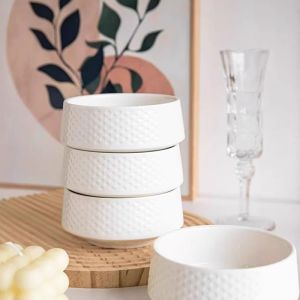 kokepope 7.5 inch Embossed Ceramic Soup Bowl White 4.5 inch Bowls for Rice Cereal Dessert Salad