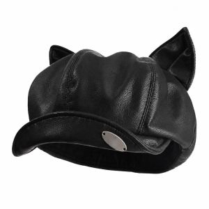 CHUAN Da PU Mũ Beret Tai Mèo Phong cách cổ điển Đen/Cà phê Mũ Beret Da Thanh lịch Thiết kế tai dễ thương Mũ họa sĩ Dành cho Nữ Giới và Thiếu Nữ