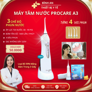 Máy Tăm Nước PROCARE A3 - 3 Chế Độ Phun NướcLoại Bỏ 99% Mảng Bám Trong 3 GiâyLàm Sạch Kẽ Chân RăngBảo Vệ NướuTặng 4 Vòi Phun