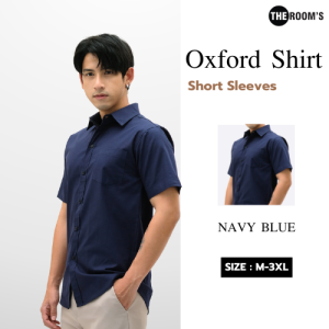 THE ROOMS - เดอะรูม เสื้อเชิ้ต คอปก สีกรมท่า Oxford แขนสั้น รีดง่าย ใส่สบาย