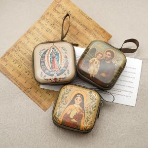 AUTOCARE X Virgin Mary Prayer Rosary Storage Bag Zippered 7x7cm Christian Jewelry Box Portable Cartoon Prayer Kit Devotees