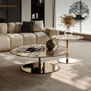 Bàn trà sofa bàn phòng khách bàn cafe tròn GOLDEN JIGGER – MINOTTI nhập khẩu Inox Vàng cẩm thạch