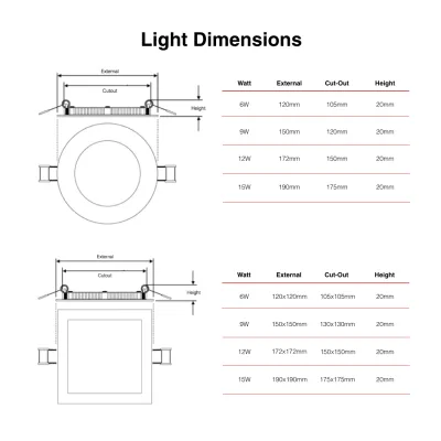 Square / Round LED Downlight / 6W / 9W / 12W / 15W