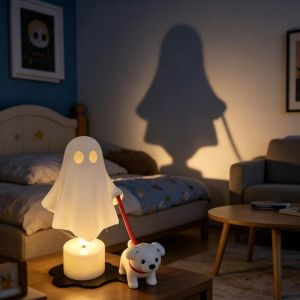YOUSHI TOP 3D Printed Dog-Walking Ghost Decor Funny Ornaments Halloween Decorations Home Decor Cute Ghost LED Night Light Halloween Gifts
