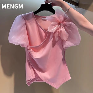 เสื้อเสื้อเชิ๊ตลายดอกไม้สามมิติคอวีฝรั่งเศสแขนพอง2024สำหรับผู้หญิงเข้ารูปพอดีฤดูร้อน