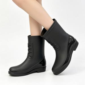 Womens Korean-Style Rubber Mid-Calf Rain Boots Anti-Slip Solid Color Non-Slip Sole Rainy Season Outdoor Wear Sizes 37-41 All-Match 0140523