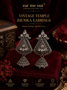 [SG] Vintage Temple Jhumka Earrings | Antique Silver Crystal Drop Earrings | Traditional Indian Statement Earrings | Ethnic Fashion Jewellery | ear me out (EMO-93)