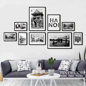 Khung ảnh treo tường hà nội trắng đen 7 có khung kèm đinh treo