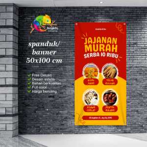 Cetak Spanduk Banner Merah dan Kuning Ilustrasi Sederhana Promosi Makanan Camilan