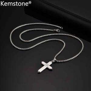 Kemstone Stainless Steel Cross Pendant Necklace with Cubic Zirconia Silver/Black