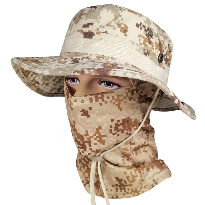 1Set Women Men Hiking Fishing Boonie Hat Camouflage Fisherman Hat Outdoor  Sport Army Sun UV Protection Bucket Hat Balaclava Neck Face Bucket Caps