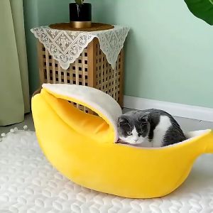 Pet Bed Banana Nest Warm Semi Closed Cat House Dog House Soft Cushion Indoor Rabbit Shelter Cozy Sleeping