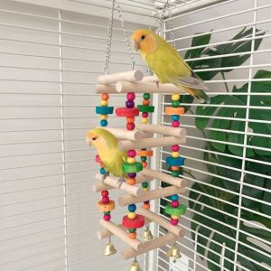 DGFDF Colorful Wooden Parrot Chew Toys Bite Resistant Hanging Bird Cage Standing Bird Perch Stand Multi Layer Parrot Swing Toy Cage Stand