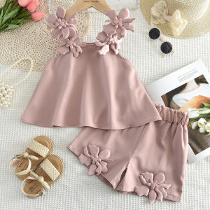 Bear Leader Kids Outfits Baby Girls Clothes Sets Korean Version Childrens Suit Summer 3D Flower Pink Sleeveless Vest Tops + Shorts 2Pcs Set 3 to 7 Years Childrens Clothing Casual Wear