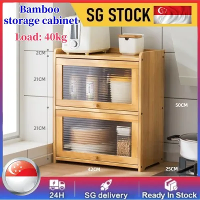 Kitchen Bamboo Cabinet with Transparent Flip Door Transparent Storage Counter Dining Household Cupboard