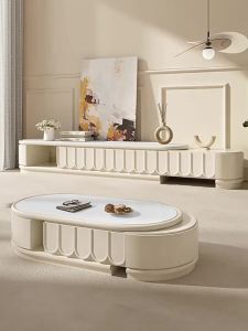 2025 Cream French retractable rock plate coffee table TV cabinet combination new small apartment living room simple home oval