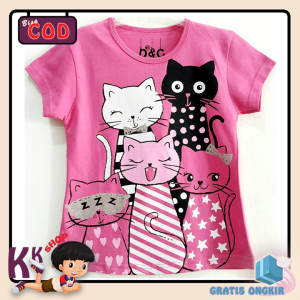 Baju Anak Perempuan / Kaos Anak Lengan Pendek Motif Five Cats Pink 1 - 10 Tahun