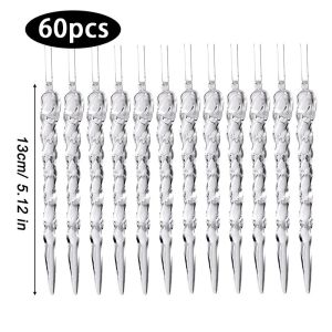 60pcs Transparent Simulation Icicle Ornaments / Shiny Crystal Look Acrylic Pendants / Navidad New Year Xmas Tree & Eaves Winter Theme Decor