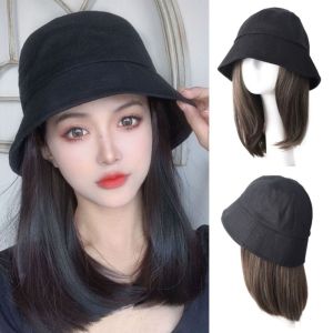 STARGOODS สังเคราะห์สังเคราะห์สังเคราะห์ วิกผมหมวกชาวประมง วิกผมผม หมวกทรงถัง วิกผมหมวกบังแดดฤดูร้อน ง่ายๆ ฮิปฮอป วิกผมหมวกผมสั้นตรง สำหรับผู้หญิง