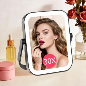FUNTOUCH 30X/1X Travel Makeup Mirror with Lights 3000mAh Rechargeable 2-Sided Magnifying Mirror Portable Vanity Mirror 3-Color Lighting Dimmable Touch Screen for Women Gift Black