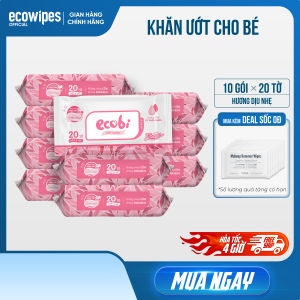 Thùng 10 gói khăn giấy ướt cao cấp an toàn cho bé Ecobi EcoWipes gói 20 tờ 110g Hương dịu nhẹ không cồn không parabens