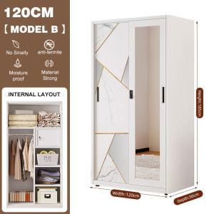 120cm/Wide 2-door sliding steel bedroom white wardrobe minimalist style with mirror-includes 2 hangers made entirely metal cabinet