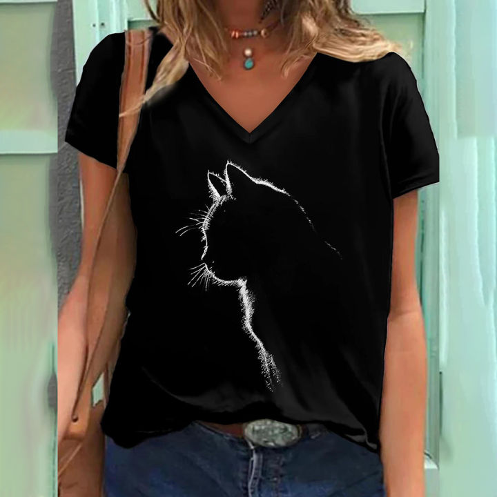 2024 Women's T-shirts 3d Cat Print V-neck Short Sleeve T Shirt For