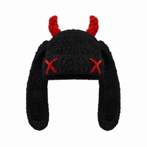 MYTHIS Thickened Womens Warm Knitted Hat Soft Warm Protection From Cold Little Devil Long Ears Cap Y2K Elastic Knit Pullover Hat Winter Season